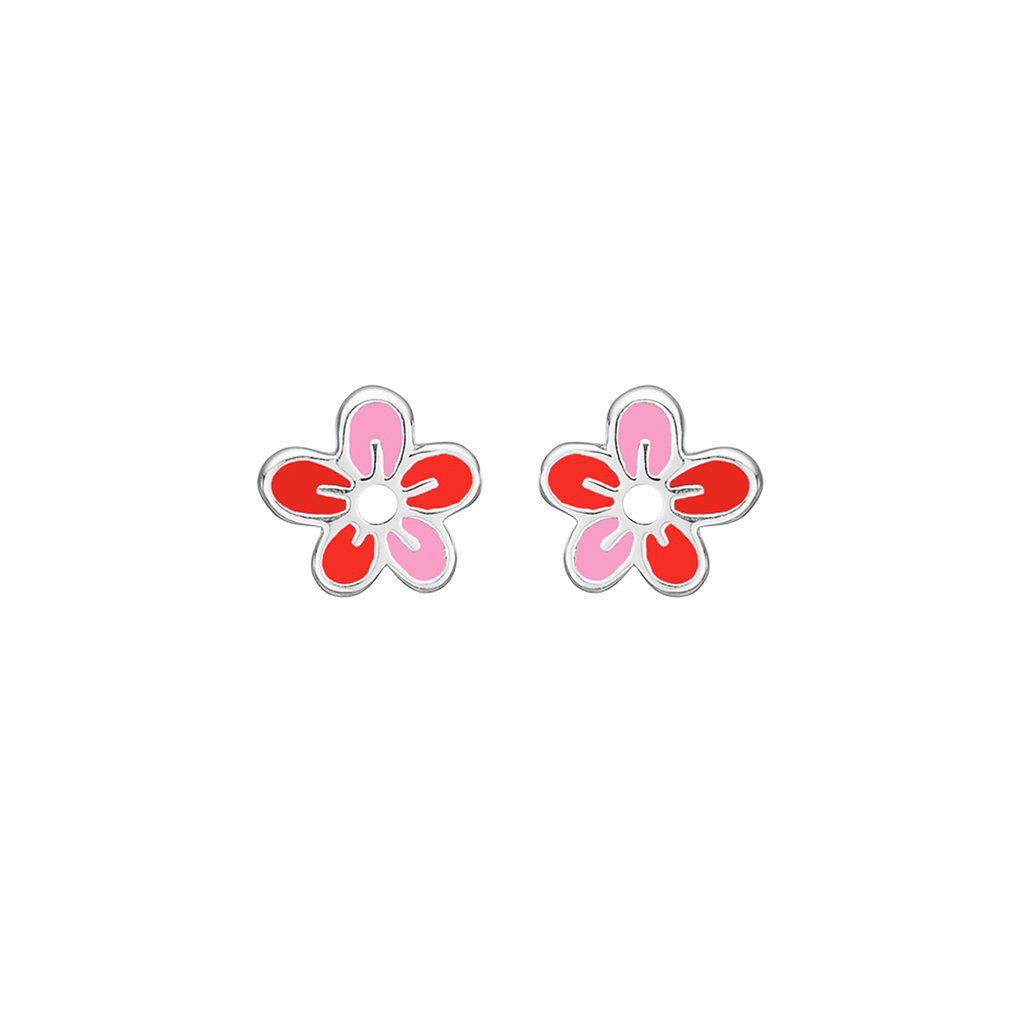 Sølv ørestikker  blomst med rød og pink blyfri emalje.