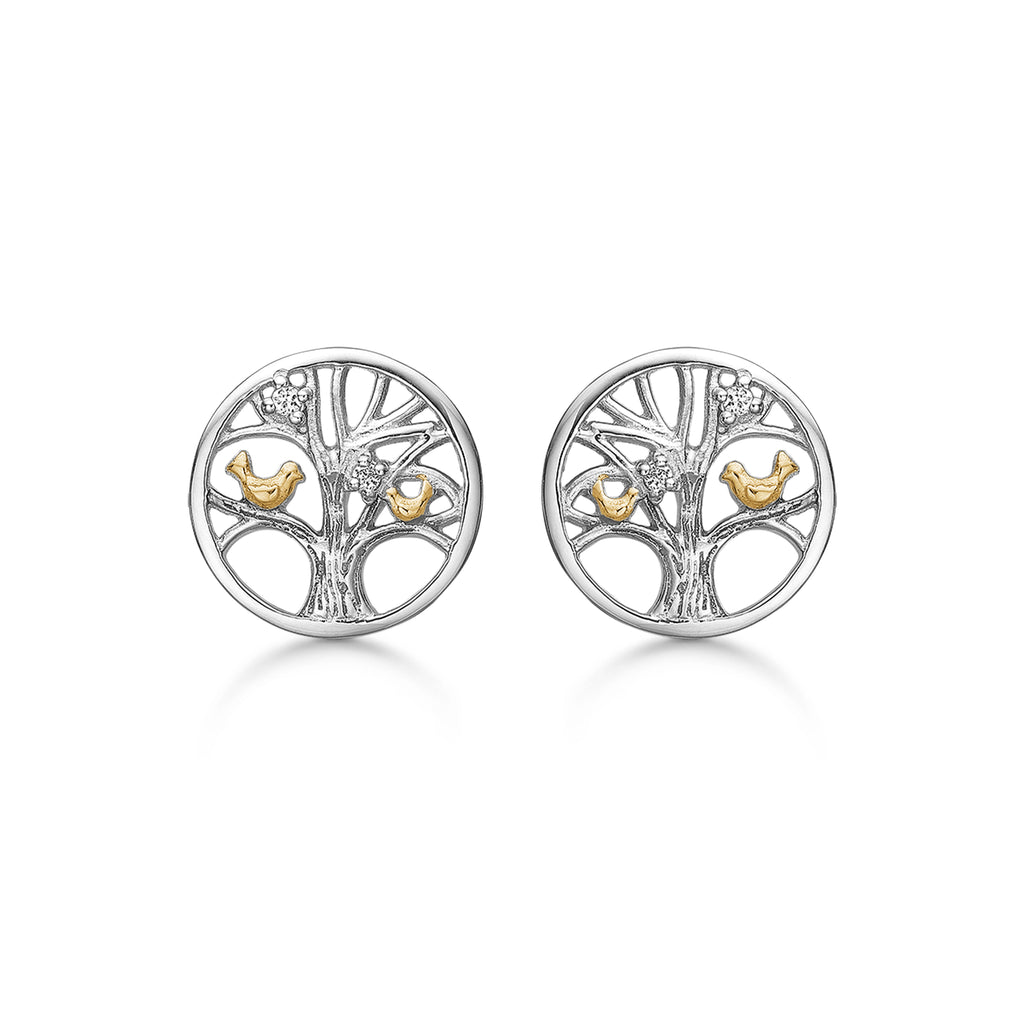 Sølv ørestikker rhodineret/forgyldt livets træ i cirkel med fugle og syntetiske cubic zirconia. Mål: 12 mm. i diameter.