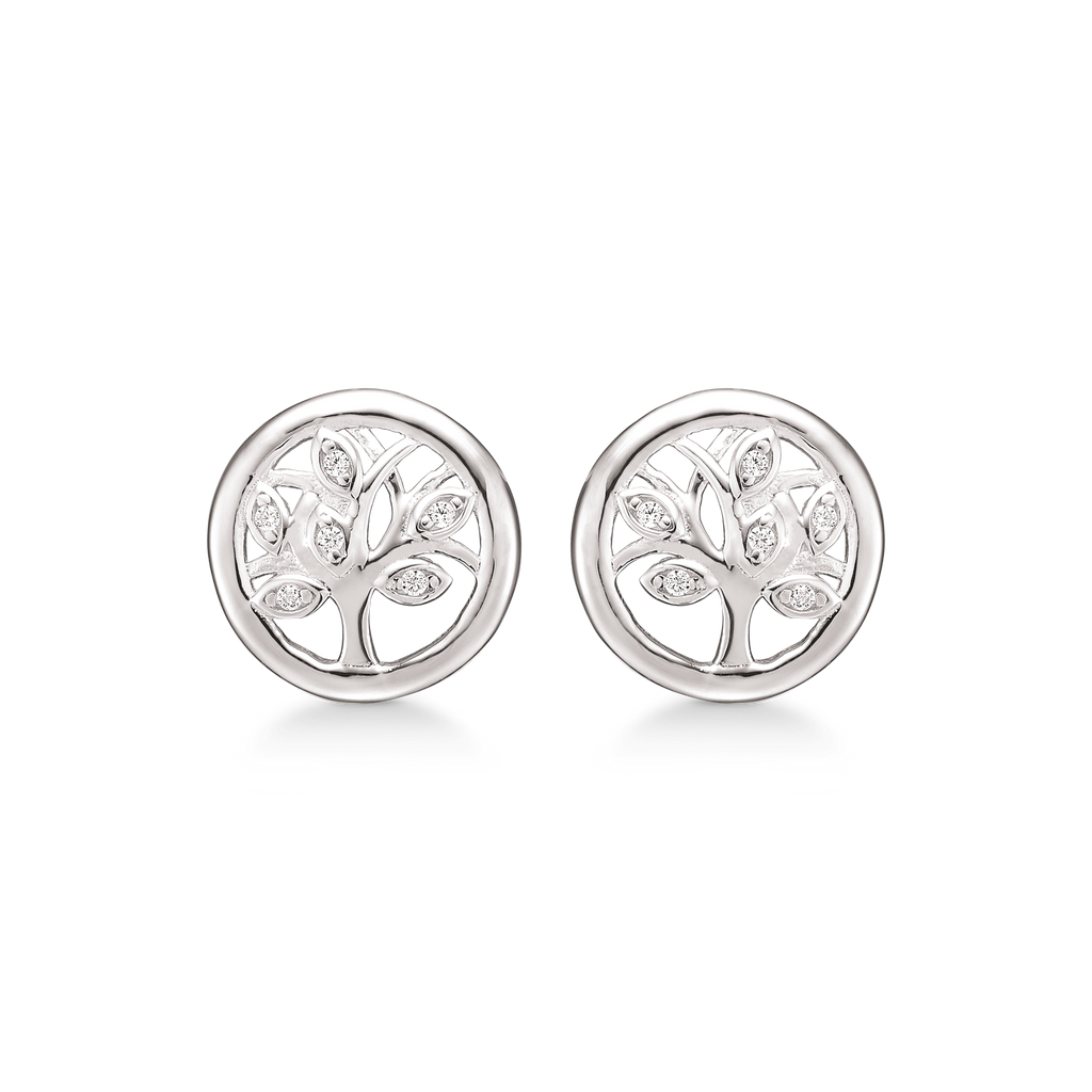 Sølv ørestikker rhodineret livets træ i cirkel med ovale blade med syntetiske cubic zirconia.