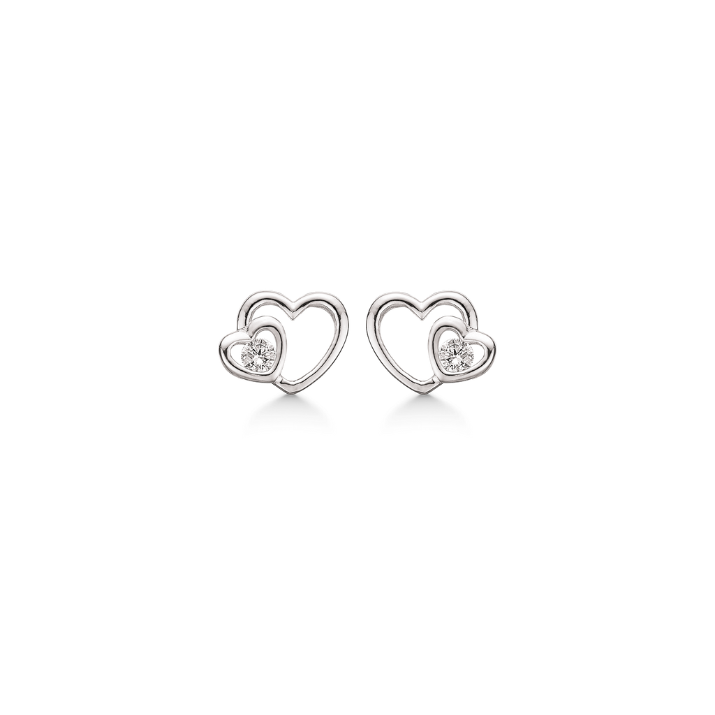 Sølv ørestikker rhodineret hjerte med hjerte i siden med syntetisk cubic zirconia.