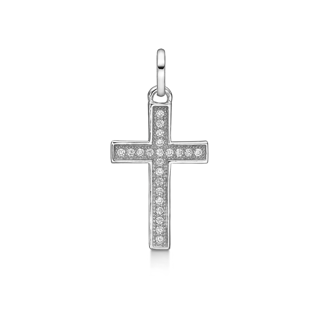 Sølv vedhæng rhodineret kors fyldt med syntetiske cubic zirconia. Mål: 22 x 14 mm.