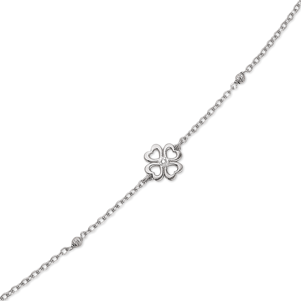 Sølv armbånd rhodineret 1 blomst med 1 syntetisk  cubic zirconia i midten og med 1 kugle på hver side.  Længde 17+4 cm.