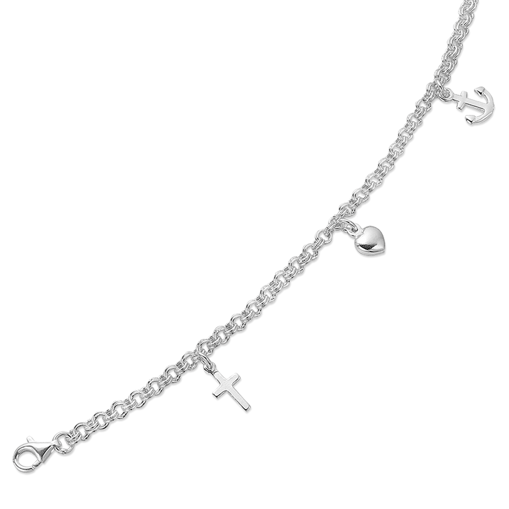 Sølv armbånd tro, håb og kærlighed på dobbelt ærtekæde.  Længde 15 cm.