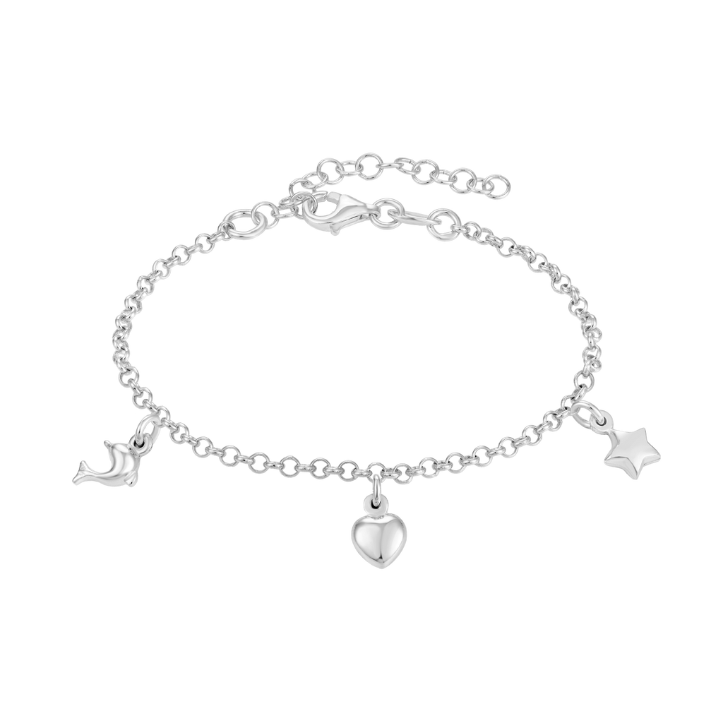 Sølv armbånd med stjerne, hjerte og delfin.  Længde 15+4 cm.