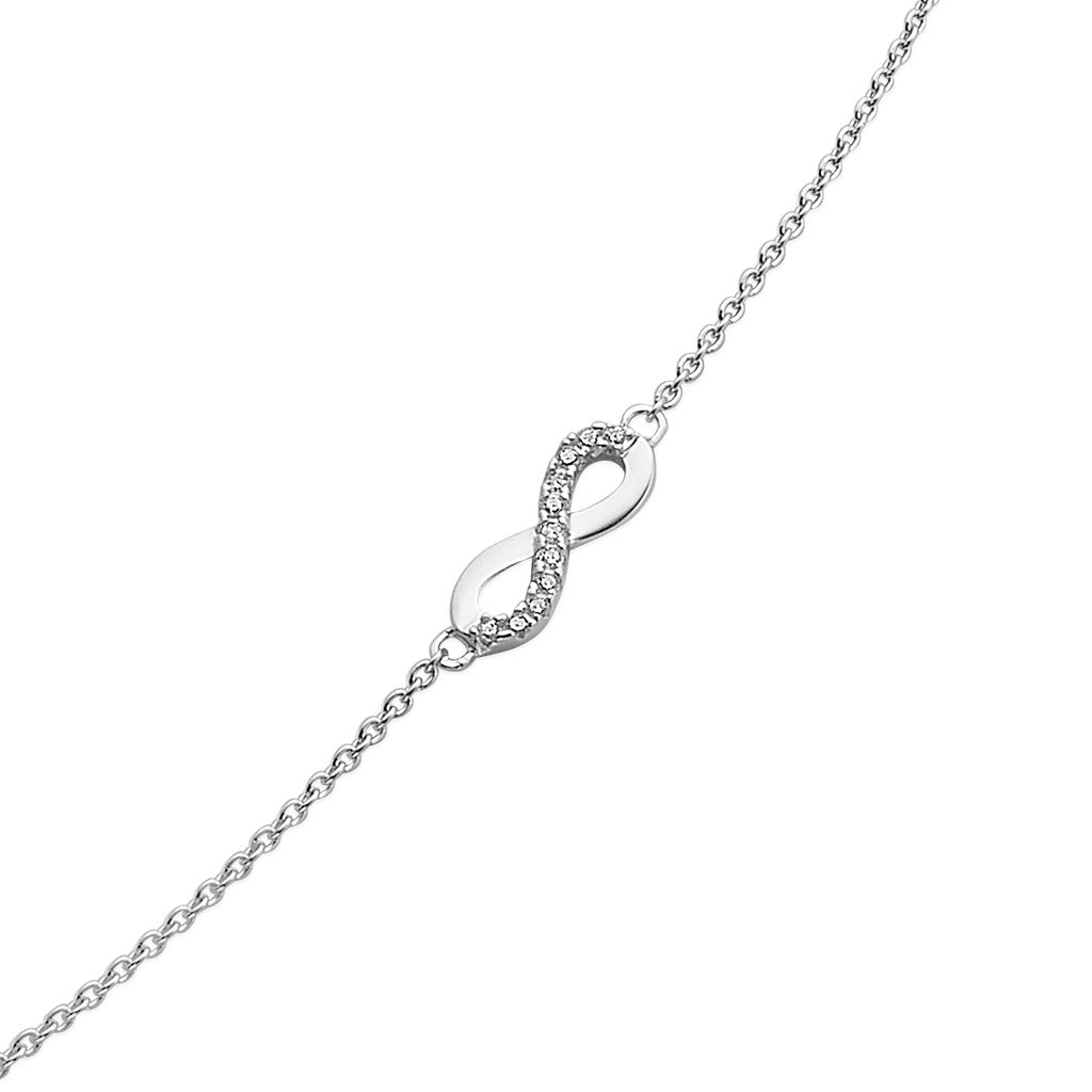 Sølv armbånd rhodineret evighedstegn med syntetiske cubic zirconia på kæde. Længde 17+4 cm.