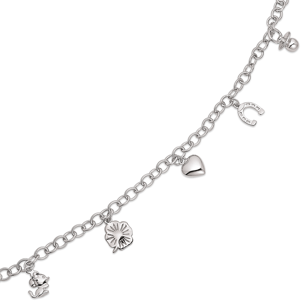 Sølv armbånd rhodineret runde ringe med 5 charms  Længde 16 cm.