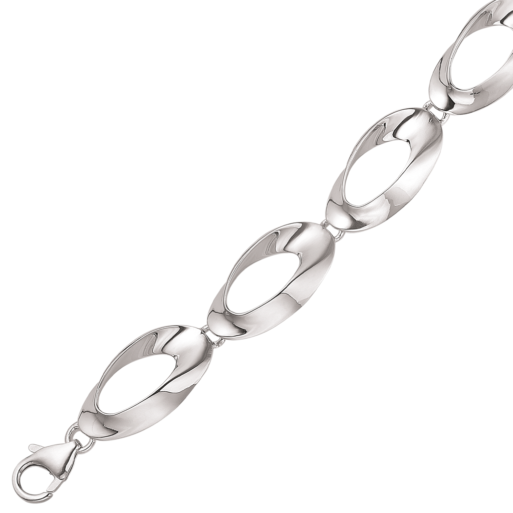 Sølv armbånd rhodineret  snoet ovale led med hul i midten.  Længde 18+3 cm.
