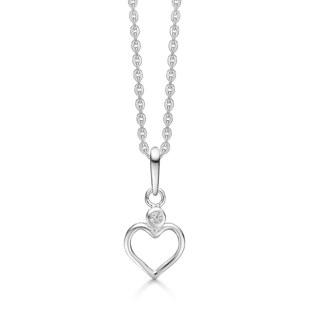 Sølv halskæde hjerte af tråd med syntetisk cubic zirconia i toppen. Kæden er længde 42-45 cm.