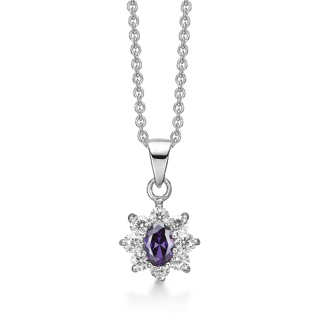 Sølv halskæde rhodineret oval syntetisk ametyst med 8 syntetiske cubic zirconia omkring.  Kæden er rhodineret sølv i længde 42-45 cm.