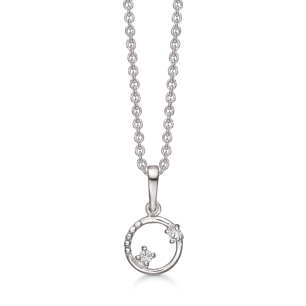 Sølv halskæde rhodineret cirkel med prikker og 2 syntetiske cubic zirconia.  Kæden er rhodineret sølv i længde 42-45 cm.