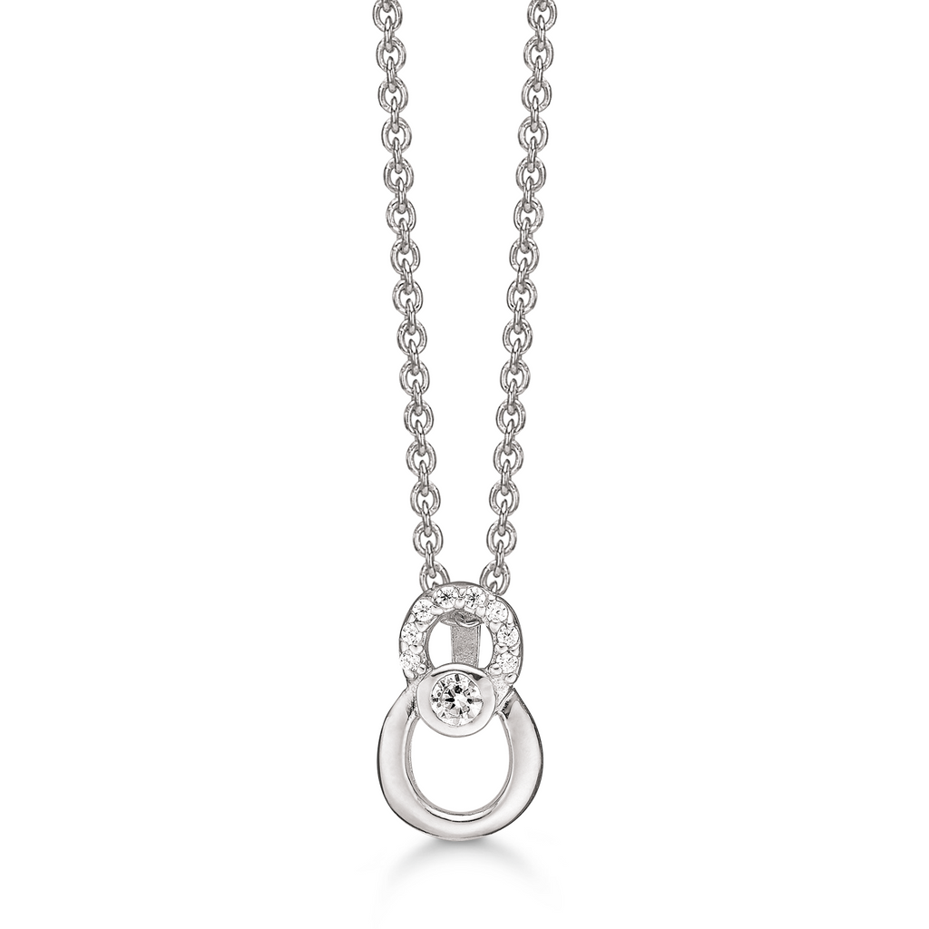 Sølv halskæde rhodineret dobbelt cirkler med syntetiske cubic zirconia.  Kæden er rhodineret sølv i længde 42-45 cm.