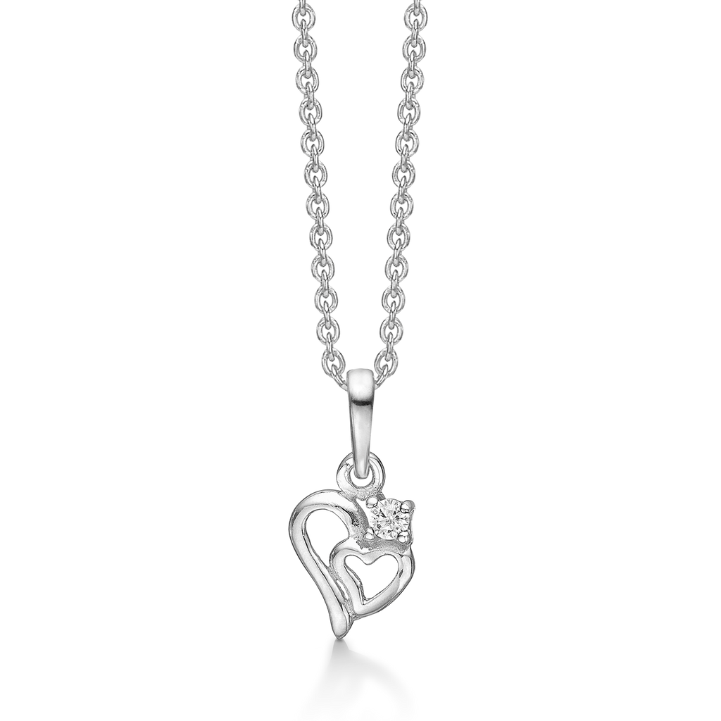 Sølv halskæde rhodineret dobbelt hjerte med syntetisk cubic zirconia.  Kæden er længde 42-45 cm.