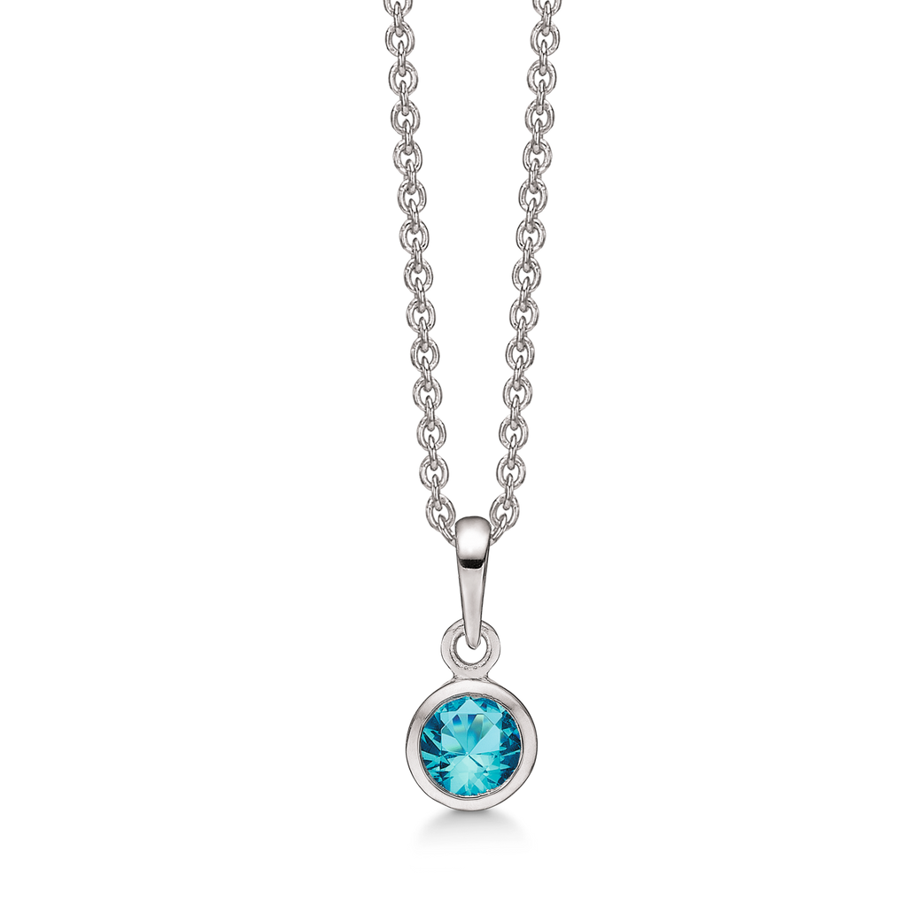 Sølv halskæde rhodineret rund syntetisk aquamarine.   Kæden er rhodineret sølv i længde 42-45 cm.