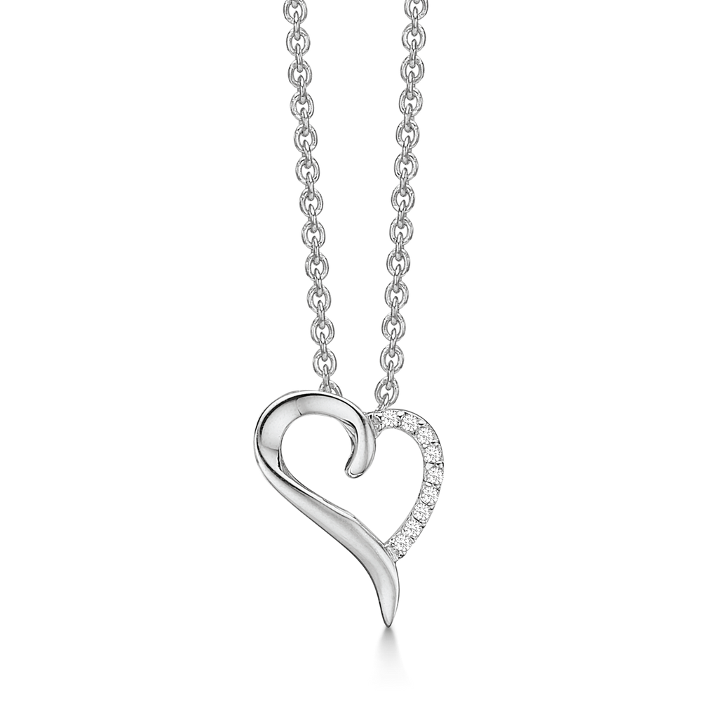 Sølv halskæde rhodineret skæv hjerte med syntetiske cubic zirconia i den ene kant. Kæden er længde 42-45 cm.