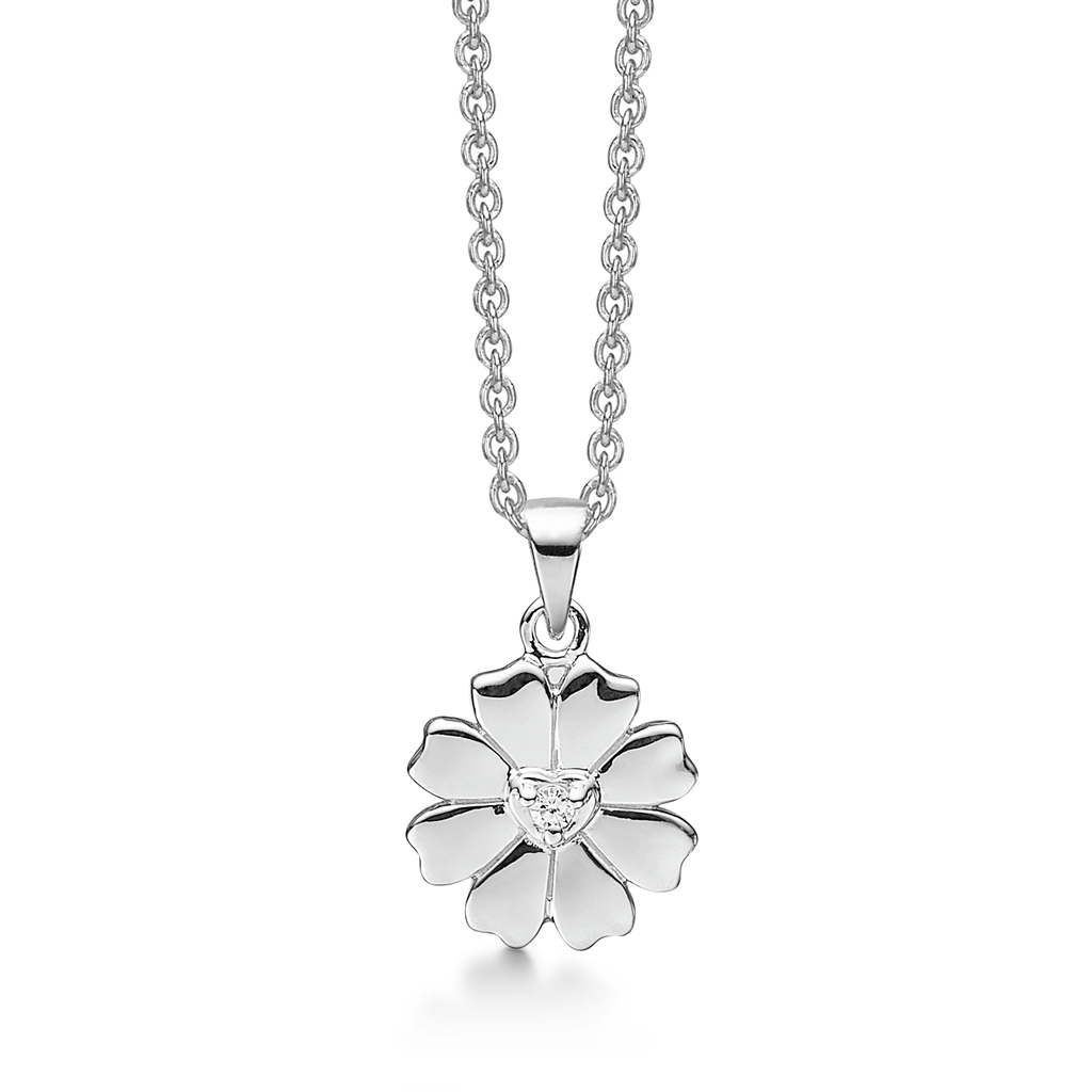 Sølv halskæde rhodineret flower of hearts med syntetisk cubic zirconia. Kæden er længde 42-45 cm.