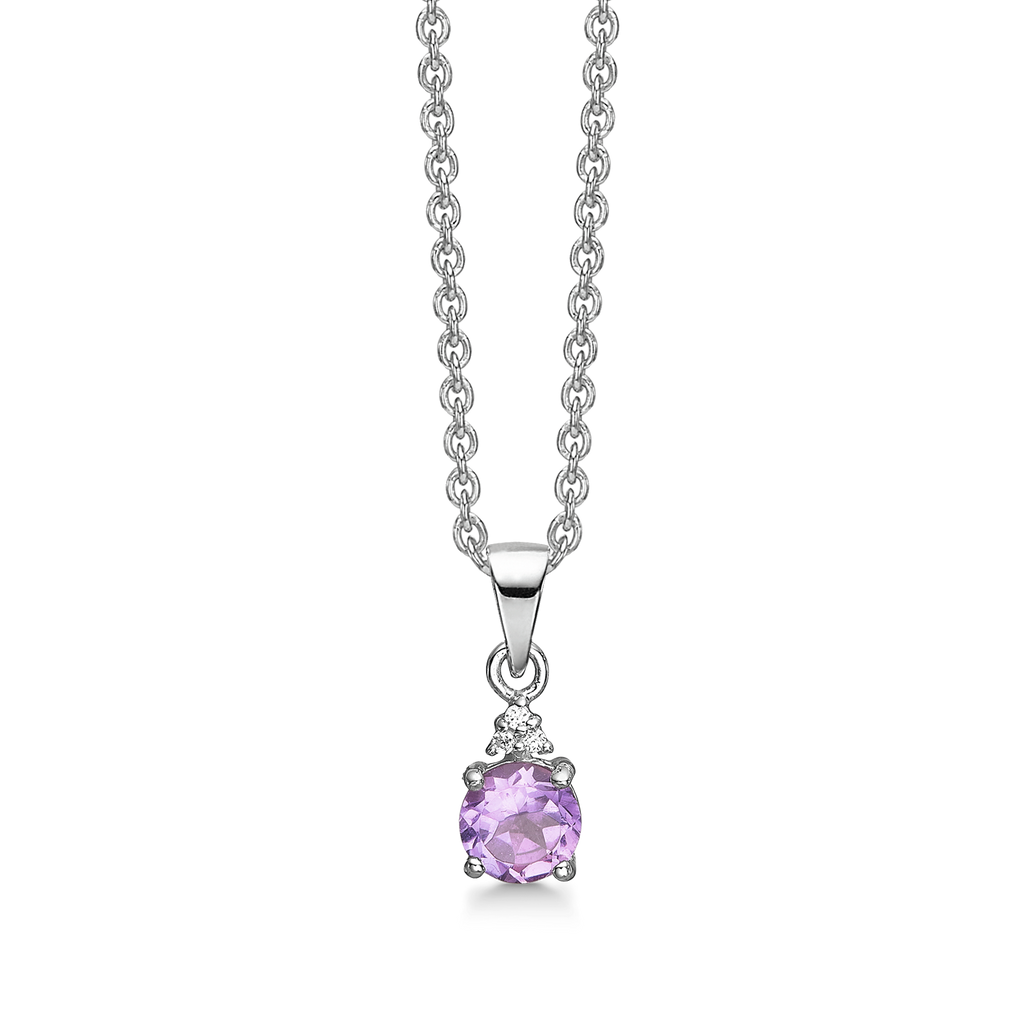 Sølv halskæde rhodineret med ametyst og syntetisk cubic zirconia.  Kæden er længde 42-45 cm.