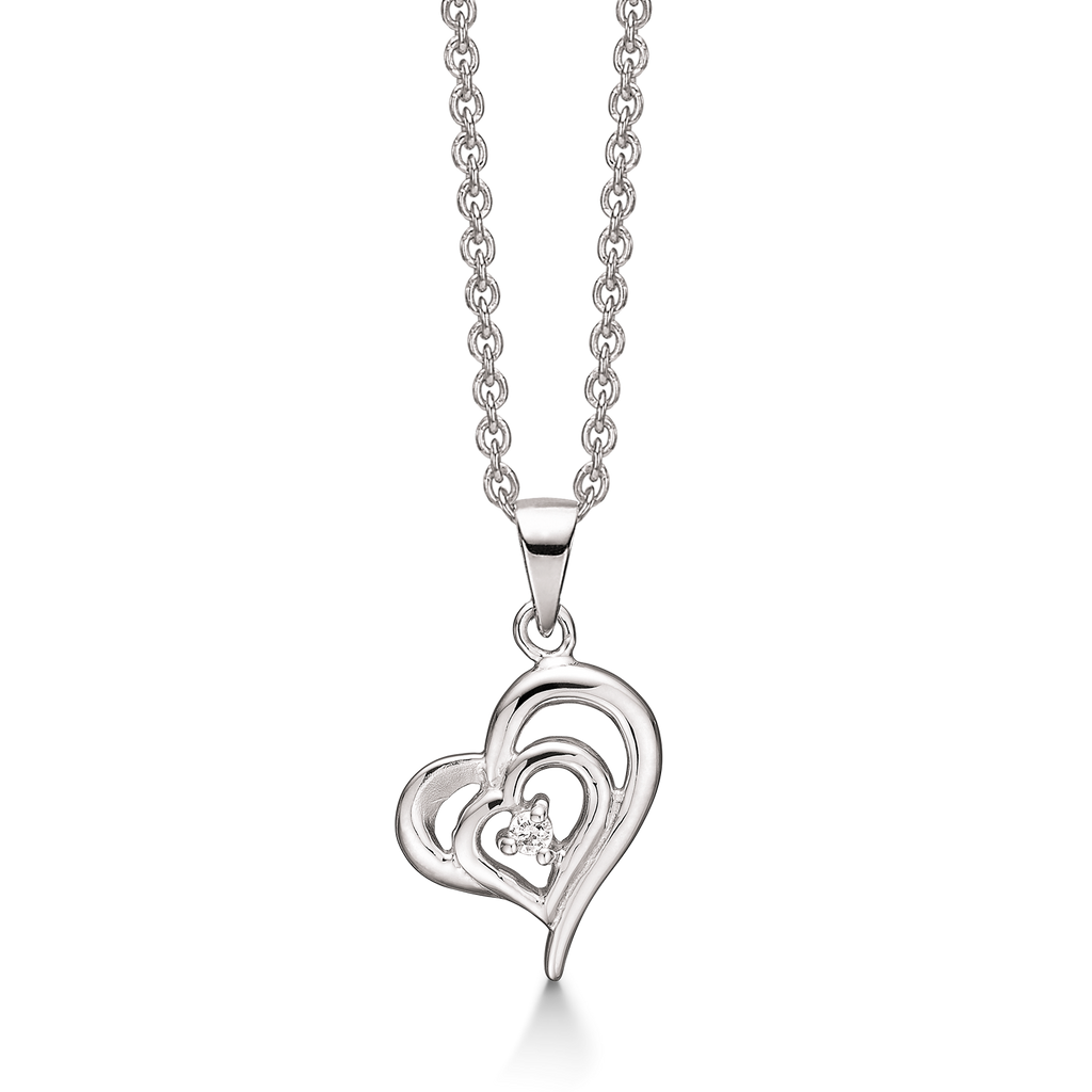 Sølv halskæde rhodineret dobbelt hjerte med syntetisk cubic zirconia.  Kæden er rhodineret sølv i længde 42-45 cm.