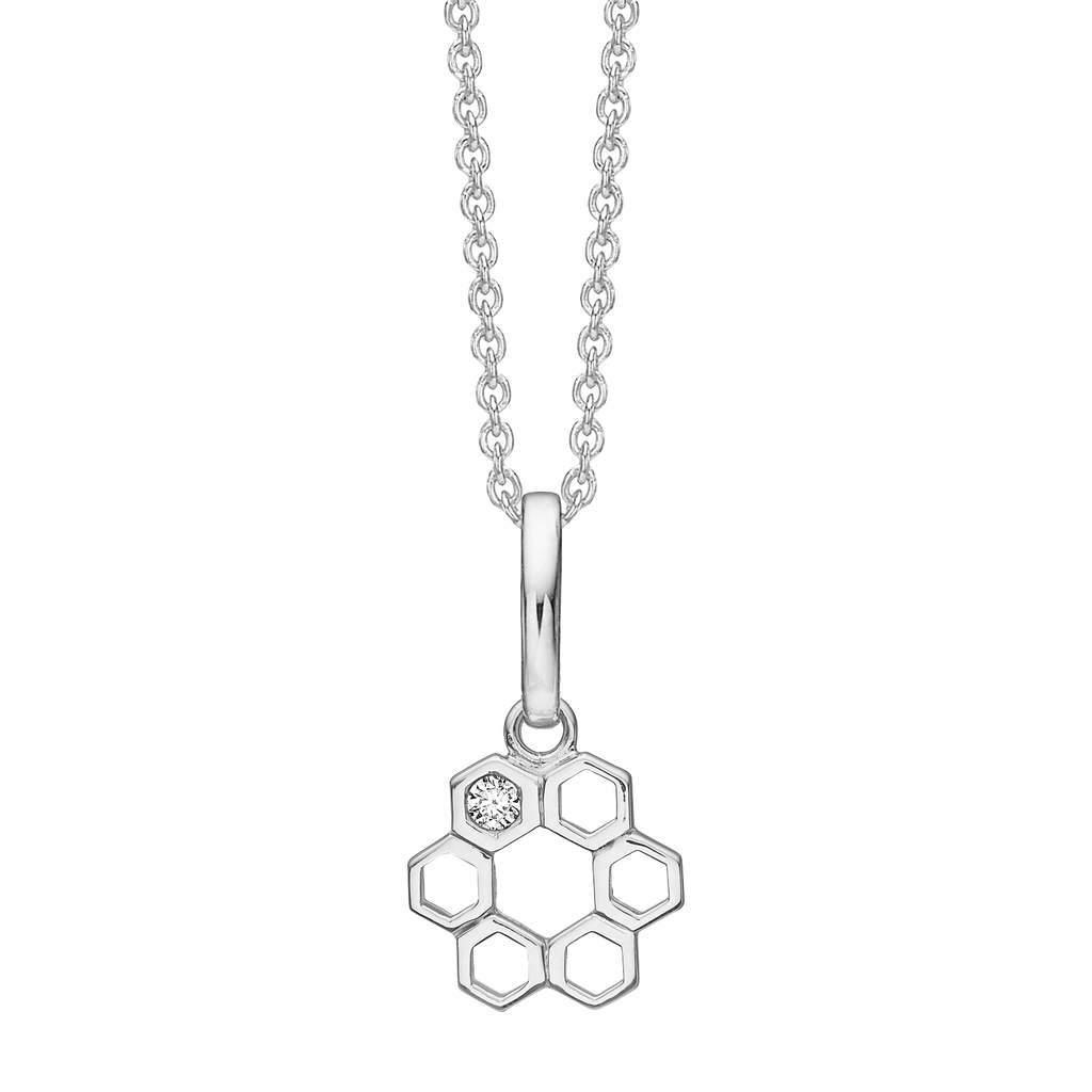 Sølv halskæde rhodineret 6 skæve cirkler en med syntetisk cubic zirconia.  Kæden er rhodineret sølv i længde 42-45 cm.