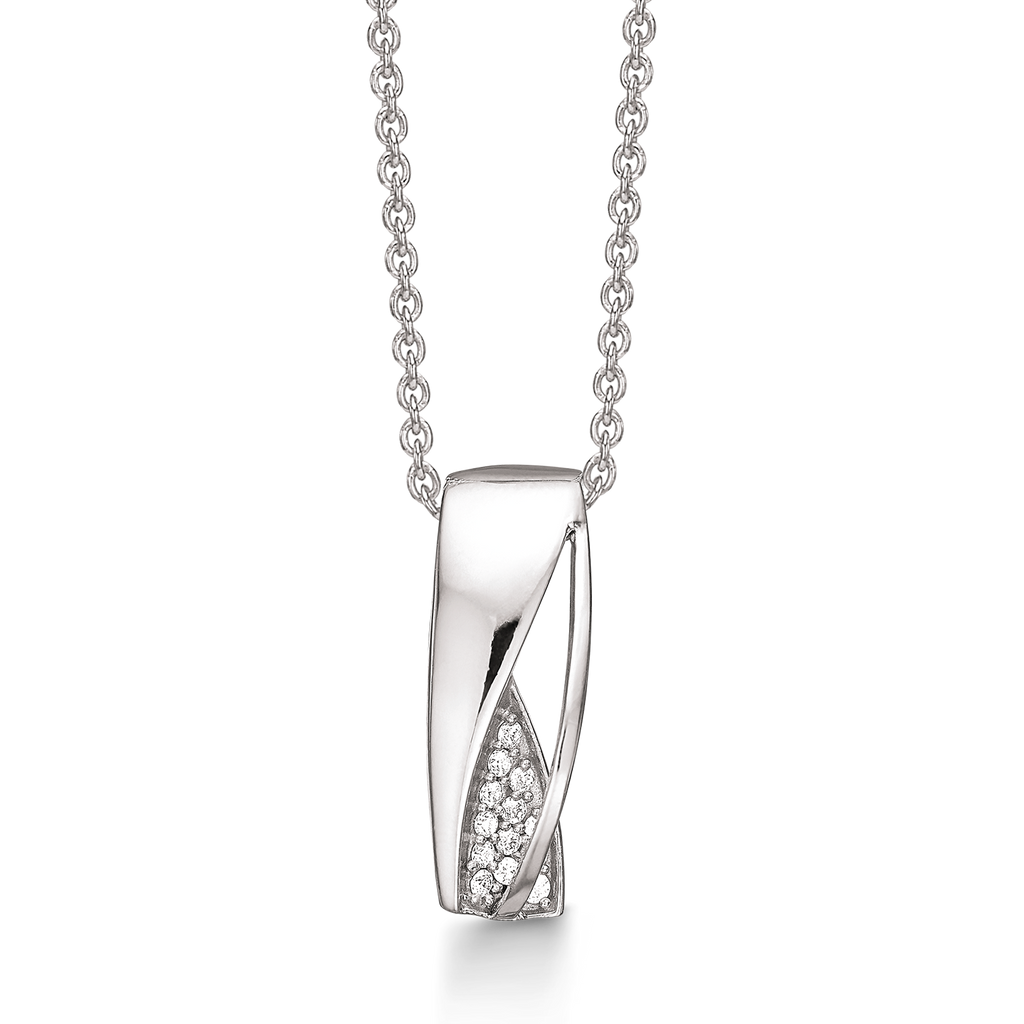 Sølv halskæde rhodineret aflang åben med syntetisk cubic zirconia.  Kæden er rhodineret sølv i længde 42-45 cm.