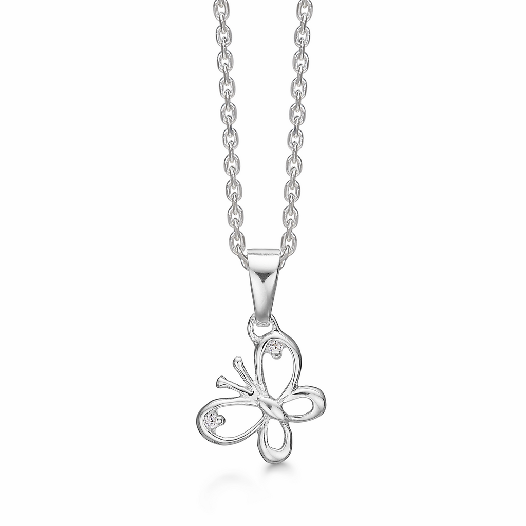 Sølv halskæde sommerfugl med syntetisk cubic zirconia.  Kæden er længde 42-45 cm.