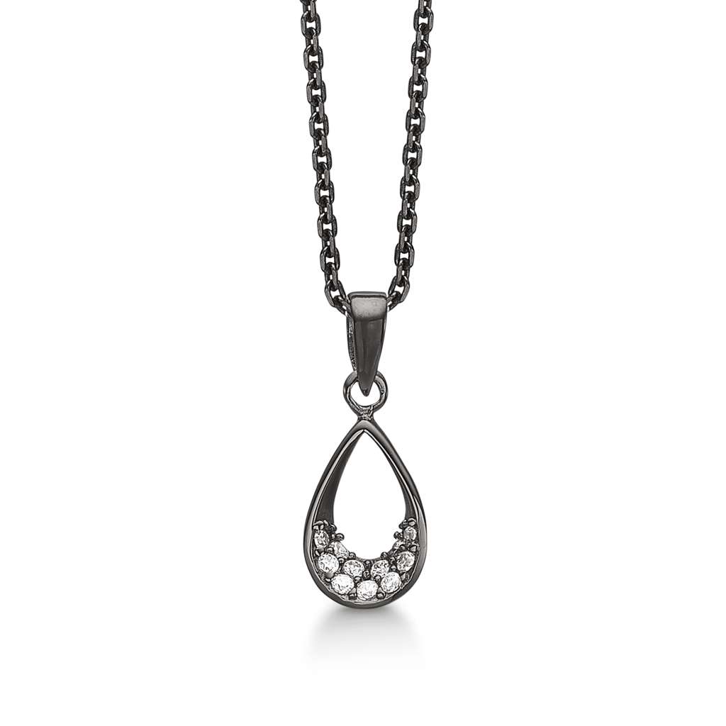 Sølv halskæde sort rhodineret dråbe med syntetisk cubic zirconia nederst.  Kæden er længde 42-45 cm.