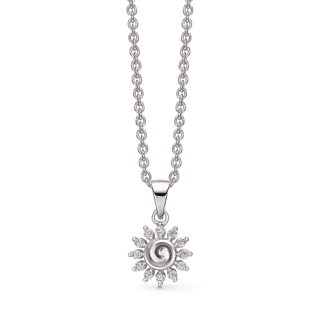 Sølv halskæde rhodineret blomst af spiral med syntetiske cubic  zirconia omkring. Kæden er rhodineret sølv i længde 42-45 cm.