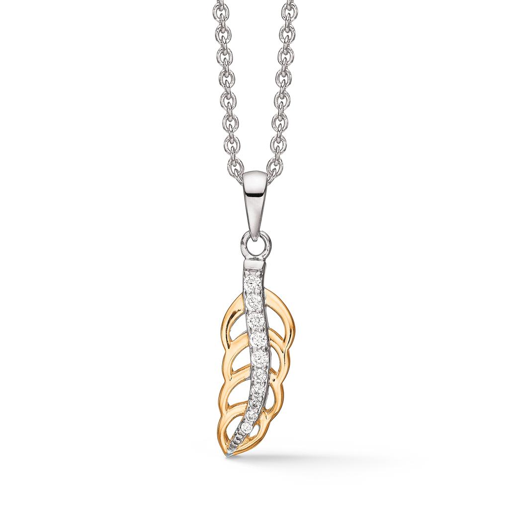 Sølv halskæde rhodineret/forgyldt blad med en række syntetiske cubic zirconia i midten Kæden er rhodineret sølv i længde 42-45 cm.
