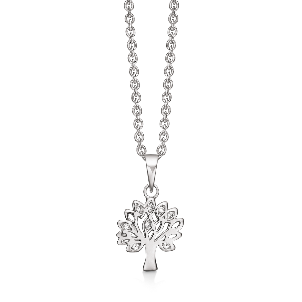 Sølv halskæde rhodineret livets træ med syntetiske cubic zirconia.  Kæden er rhodineret sølv i længde 42-45 cm.