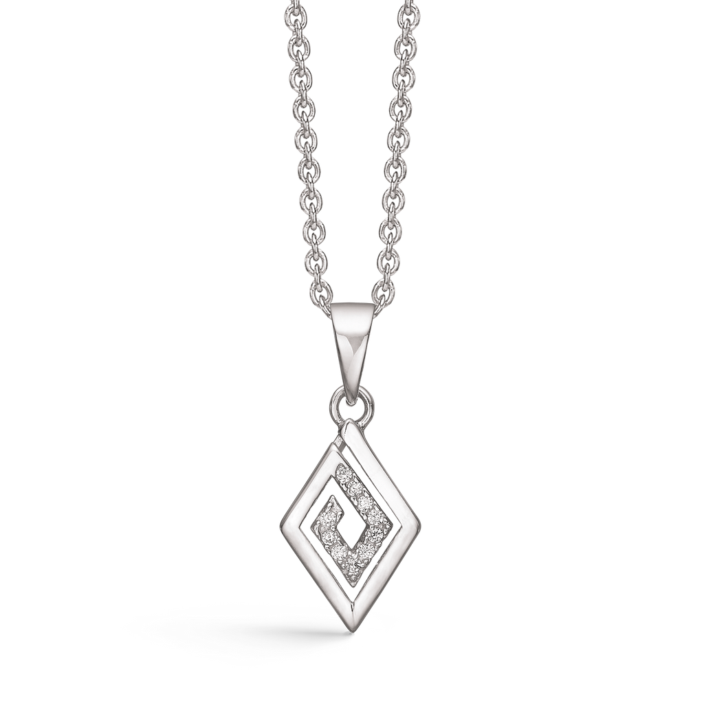 Sølv halskæde rhodineret  dobbelt firkant med syntetiske cubic zirconia i den lille firkant. Kæden er rhodineret sølv i længde 42-45 cm.