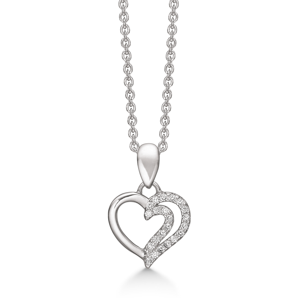 Sølv halskæde rhodineret dobbelt hjerte med syntetisk cubic zirconia i den ene side. Kæden er rhodineret sølv i længde 42-45 cm.