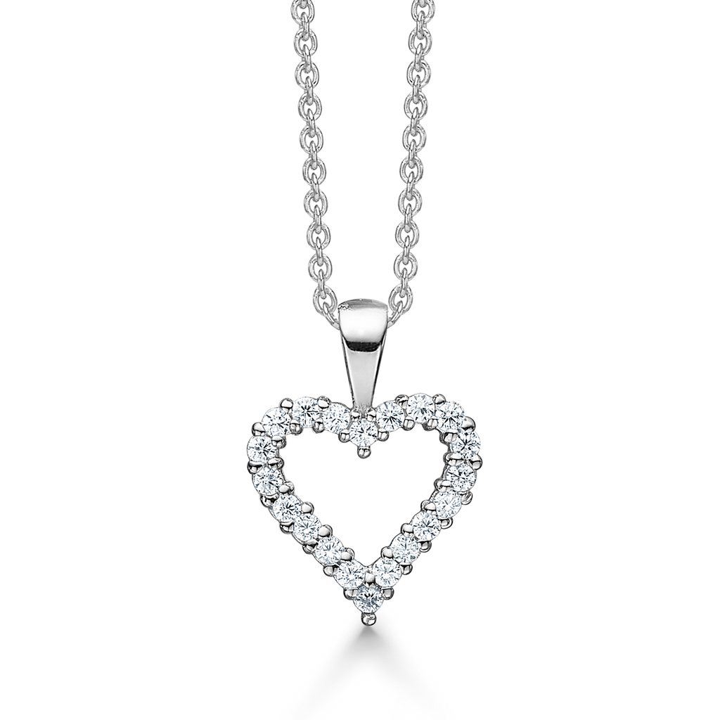 Sølv halskæde rhodineret  hjerte fyldt med syntetiske cubic zirconia i kanten. Mål: 15 x 20 mm. Kæden er længde 42-45 cm.