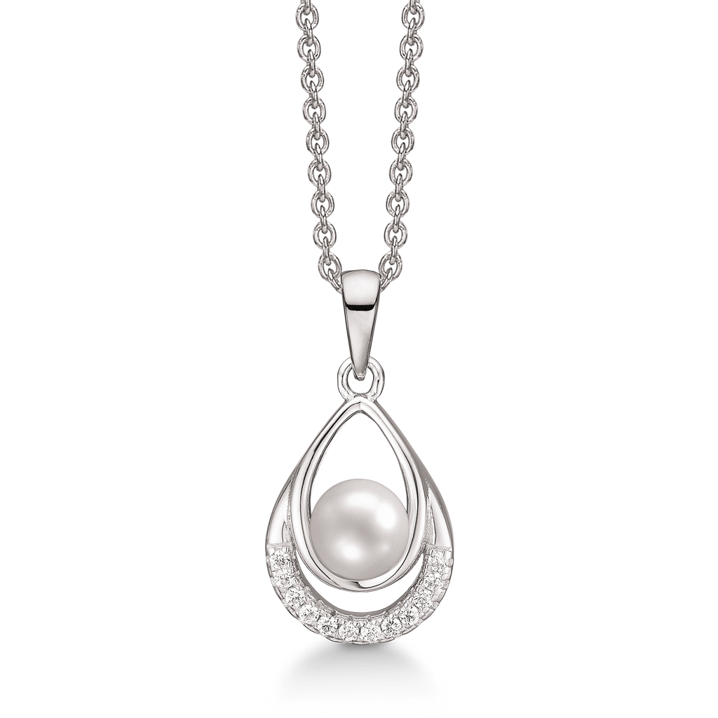 Sølv halskæde rhodineret  2 buer en med syntetiske cubic zirconia i kanten og en glat med perle i. Kæden er længde 42-45 cm.
