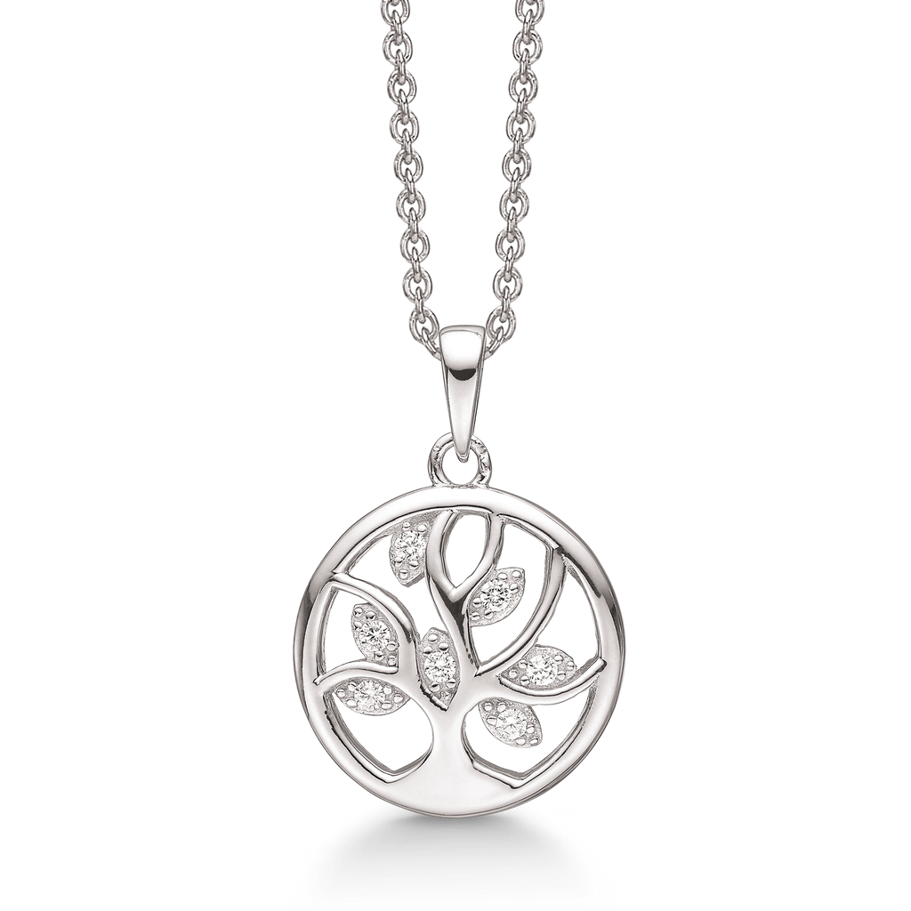 Sølv halskæde rhodineret rund med livets træ og syntetiske cubic zirconia.  Kæden er rhodineret sølv i længde 42-45 cm.