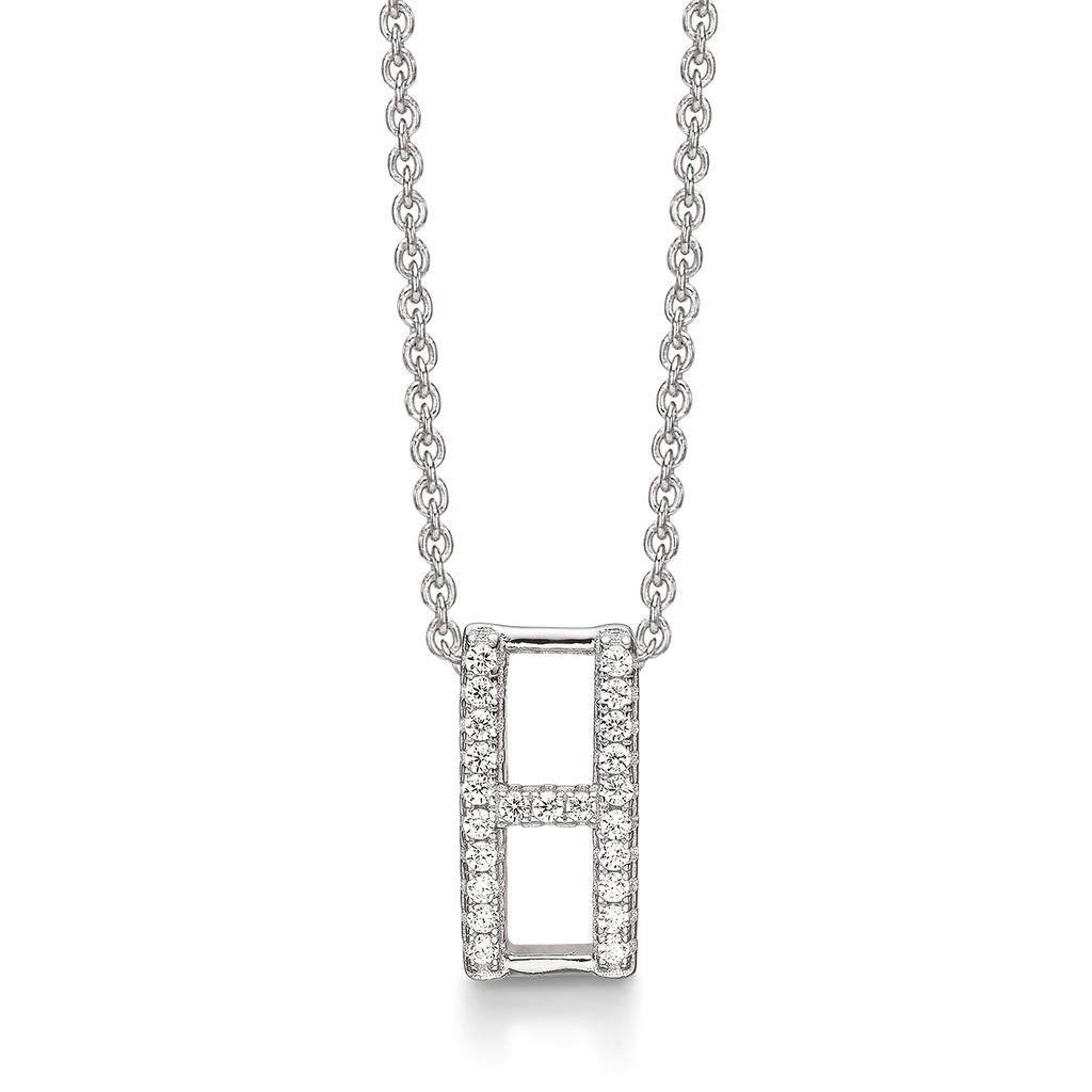 Sølv halskæde rhodineret 2 firkanter hvor H er fyldt med syntetisk cubic zirconia.  Kæden er rhodineret sølv i længde 42-45 cm.