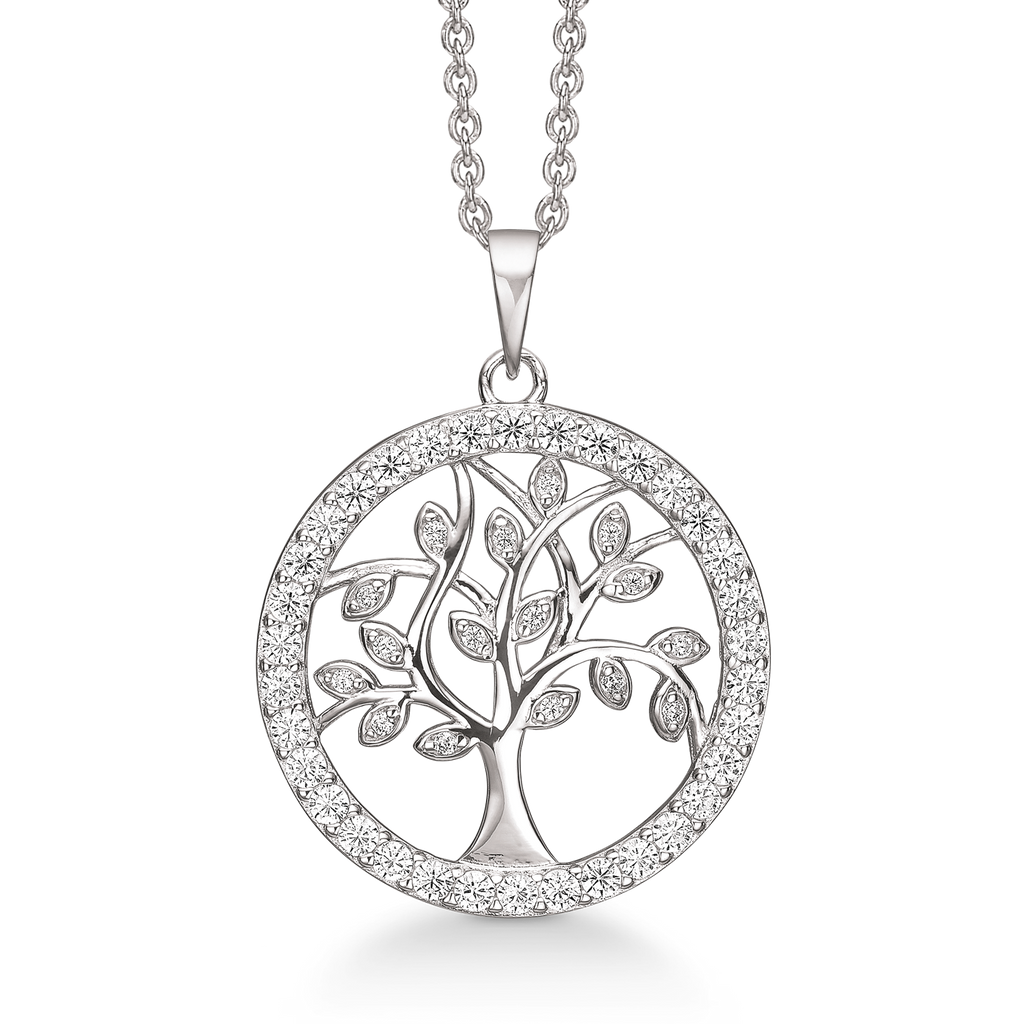 Sølv halskæde rhodineret Livets træ med syntetiske cubic zirconia i ring omkring.   Kæden er rhodineret sølv i længde 42-45 cm.