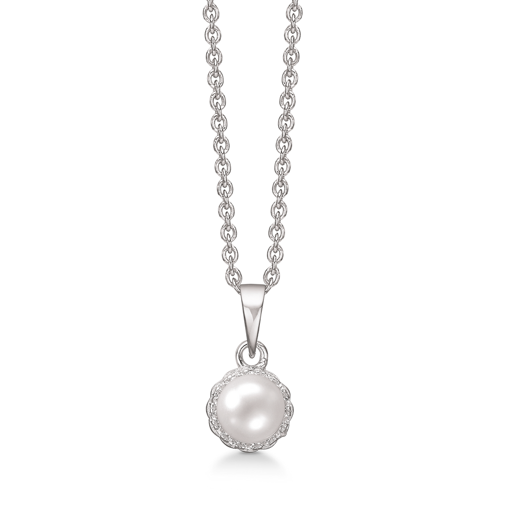 Sølv halskæde rhodineret ferskvandsperle med syntetiske cubic zirconia rundt om.   Kæden er rhodineret sølv i længde 42-45 cm.