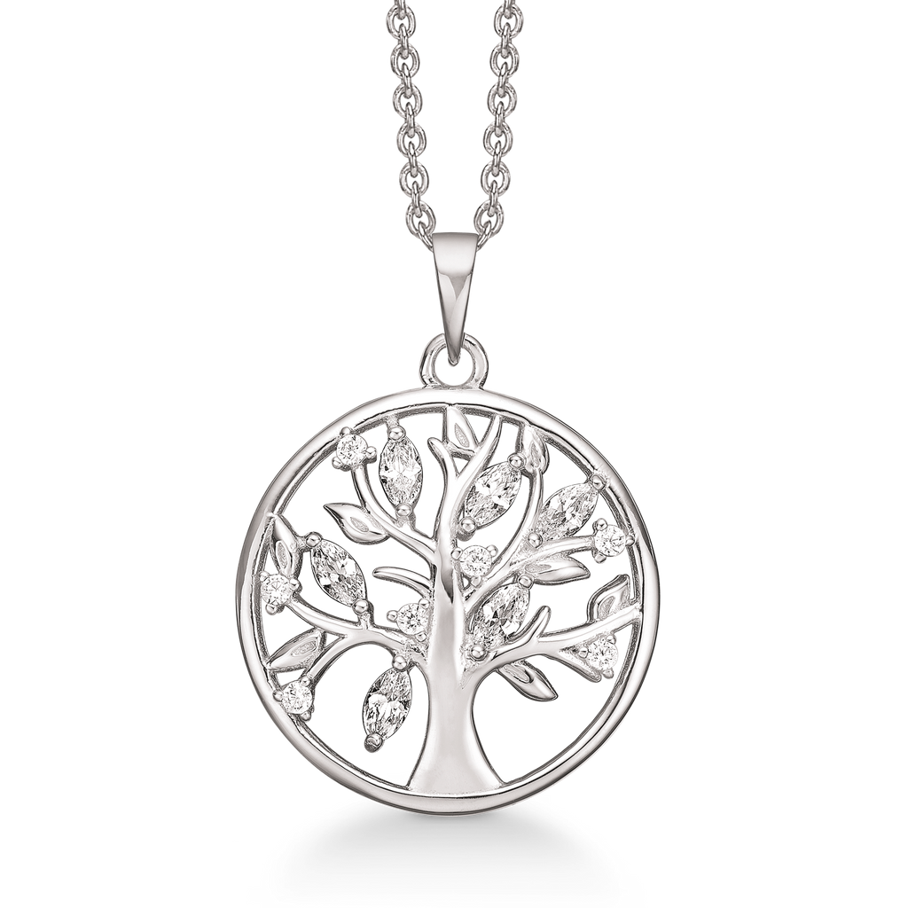 Sølv halskæde rhodineret  livets træ i cirkel med blade af syntetiske cubic  zirconia.  Kæden er rhodineret sølv i længde 42-45 cm.