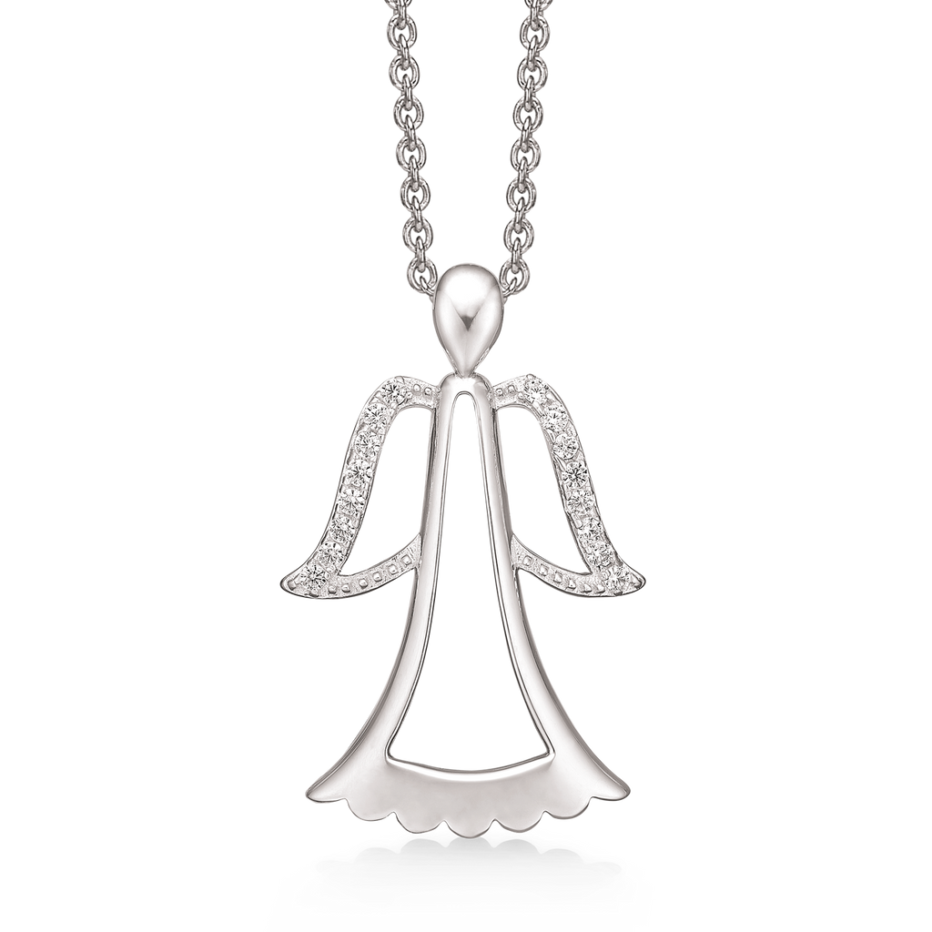 Sølv halskæde rhodineret  engel med syntetiske cubic zirconia som vinger. Mål: 27 x 17 mm. Kæden er rhodineret sølv i længde 42-45 cm.