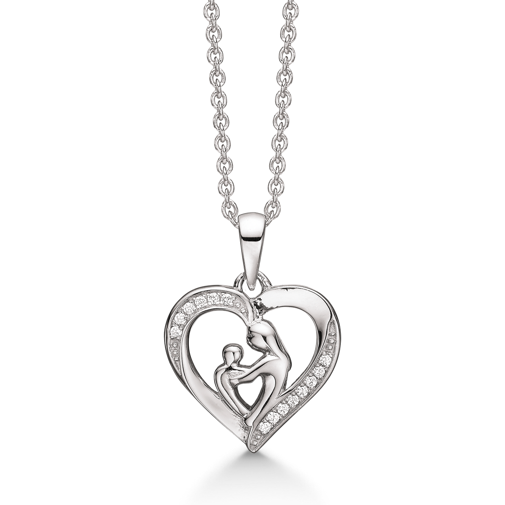 Sølv halskæde rhodineret Hjerte med mor og barn og med syntetiske cubic  zirconia. Kæden er rhodineret sølv i længde 42-45 cm.