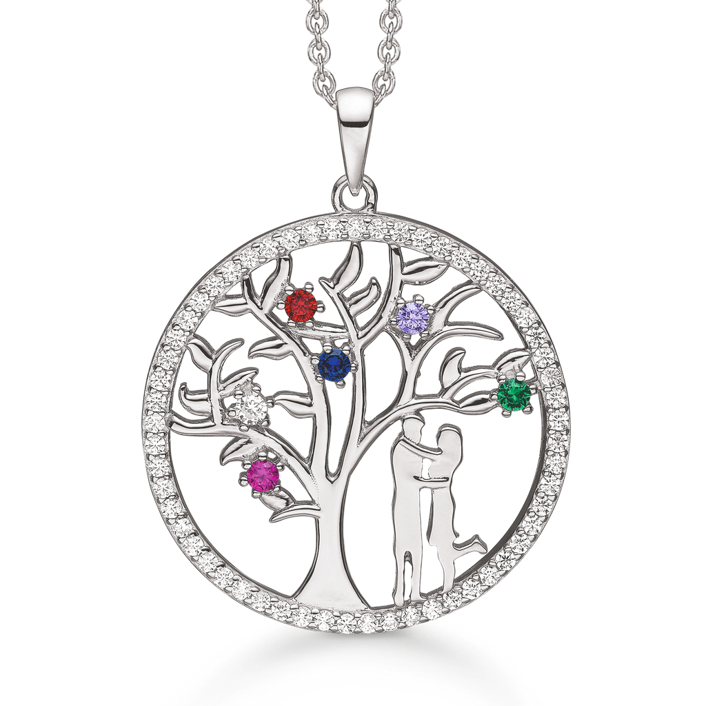 Sølv halskæde rhodineret livets træ med syntetiske cubic zirconia i forskellige  farver i kanten og som blade med 2 mennesker.  Kæden er rhodineret sølv i længde 42-45 cm.