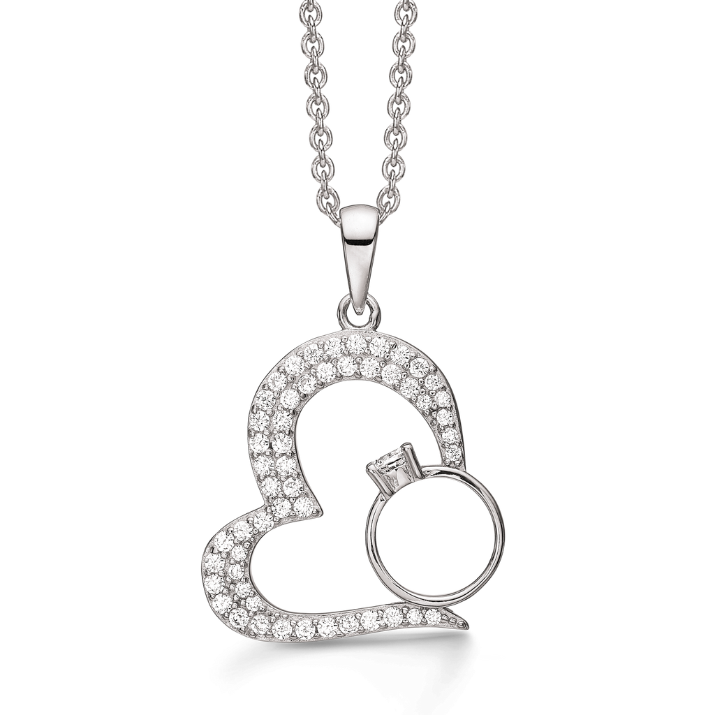 Sølv halskæde rhodineret hjerte med syntetiske cubic zirconia i kanten med fingerring indeni. Kæden er rhodineret sølv i længde 42-45 cm.