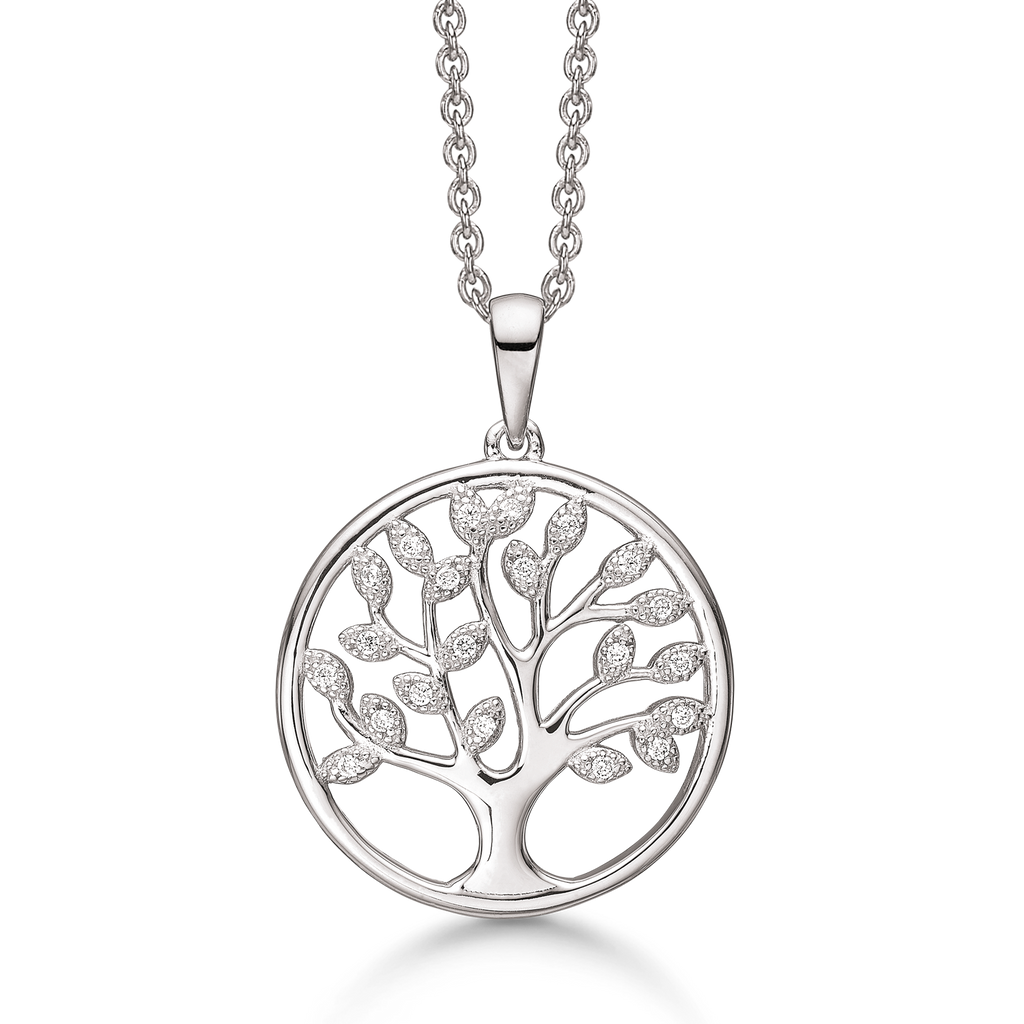 Sølv halskæde rhodineret livets træ hvor bladene er syntetiske cubic zirconia.  Mål: 20 mm. Kæden er rhodineret sølv i længde 42-45 cm.