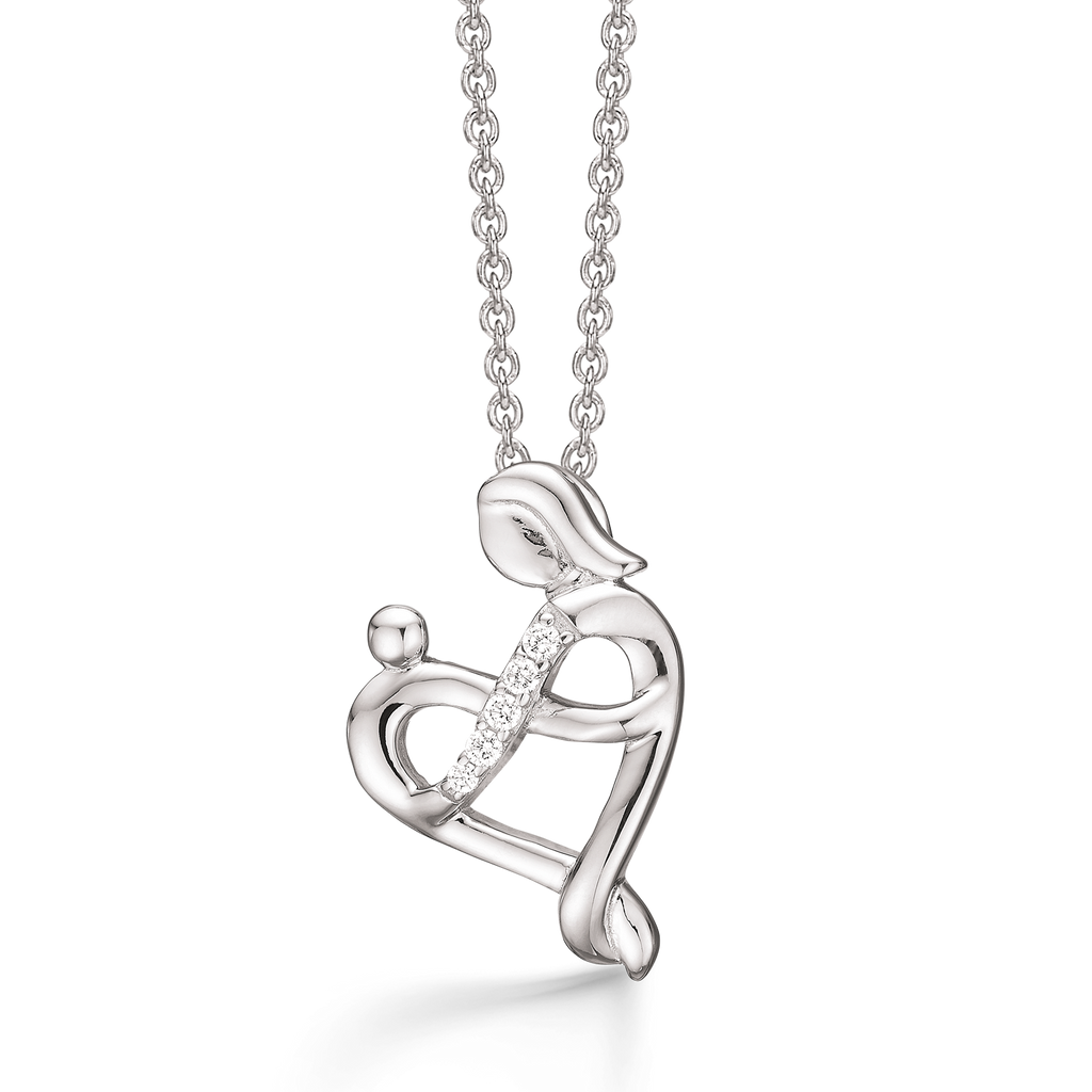 Sølv halskæde rhodineret Hjerte med mor og barn med evighedstegn med syntetisk cubic zirconia  Kæden er rhodineret sølv i længde 42-45 cm.
