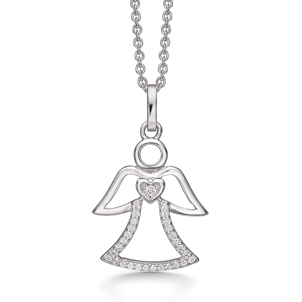 Sølv halskæde rhodineret engle med hjerte og det nederste af kjolen af syntetisk cubic zirconia  Kæden er rhodineret sølv i længde 42-45 cm.