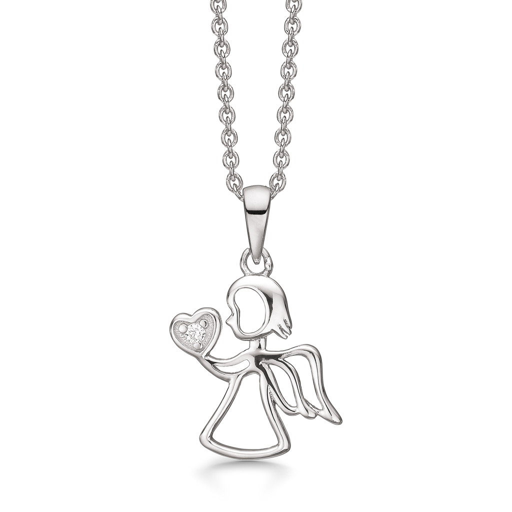 Sølv halskæde rhodineret engle som holder et hjerte med syntetisk cubic zirconia   Kæden er rhodineret sølv i længde 42-45 cm.