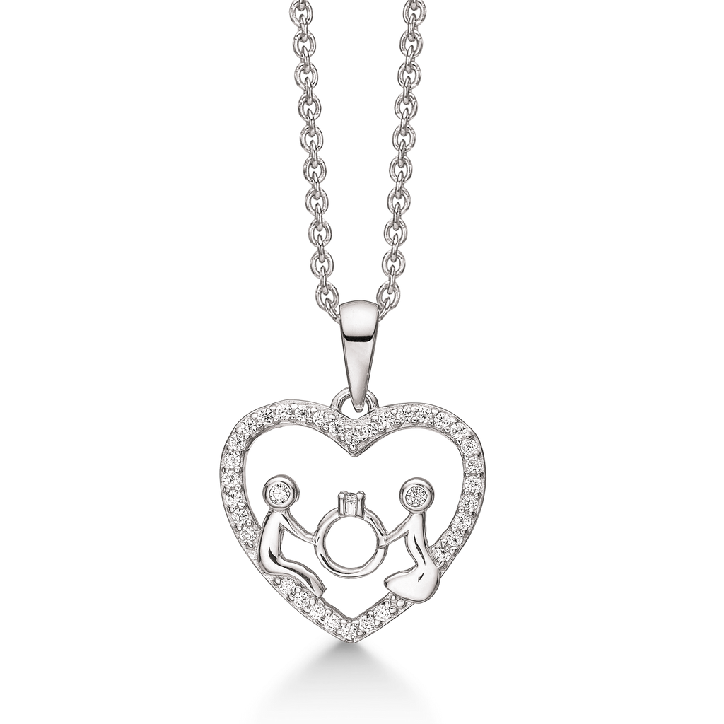 Sølv halskæde rhodineret Hjerte af syntetisk cubic zirconia med kærstepar som  Kæden er rhodineret sølv i længde 42-45 cm.