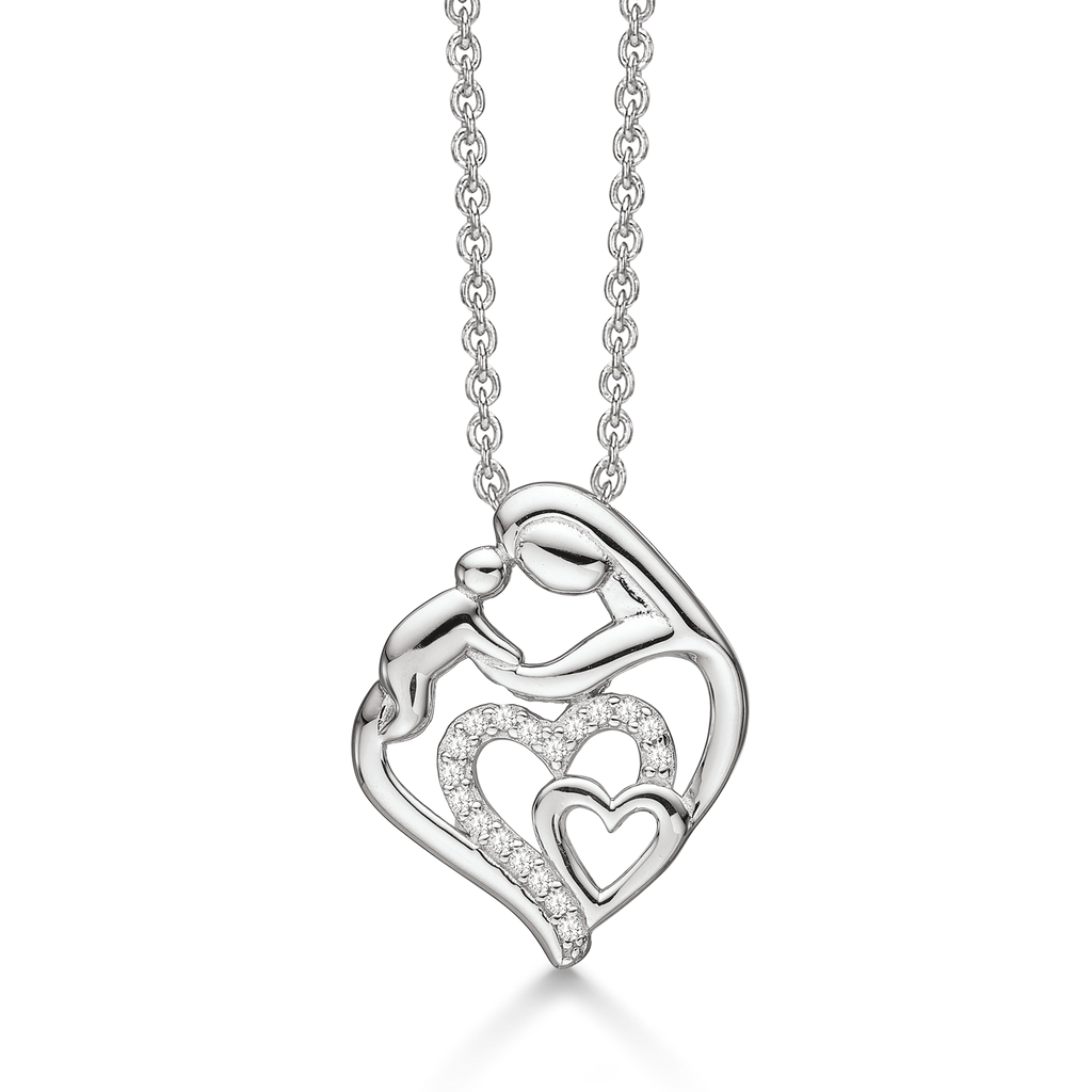 Sølv halskæde rhodineret mor/barn hjerte med syntetiske cubic zirconia. Kæden er længde 42-45 cm.