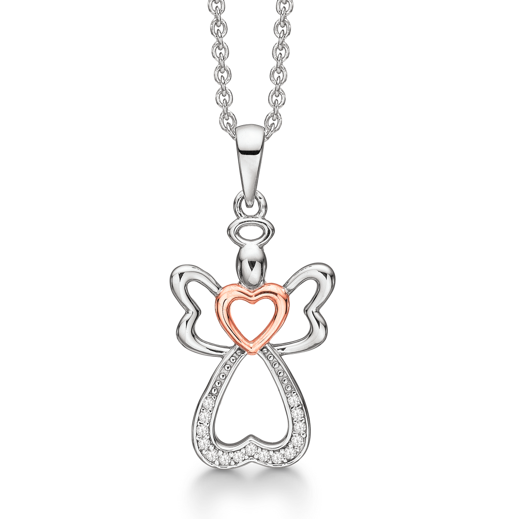 Sølv halskæde rhodineret engel med syntetiske cubic zirconia og rosa forgyldt hjerte. Kæden er længde 42-45 cm.