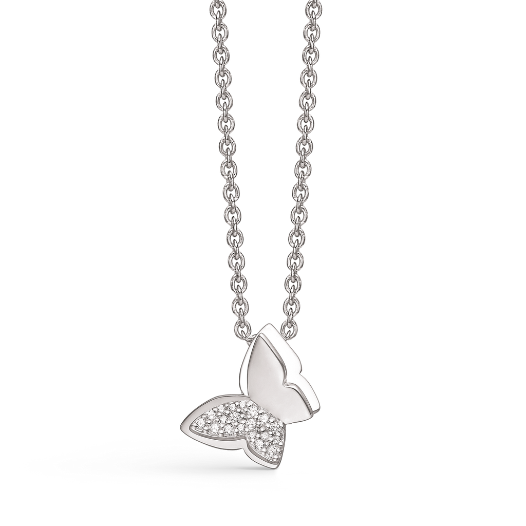 Sølv halskæde rhodineret sommerfugle med syntetiske cubic zirconia.  Længde 11,10 x 7,34 mm. Kæden er rhodineret sølv i længde 42-45 cm.