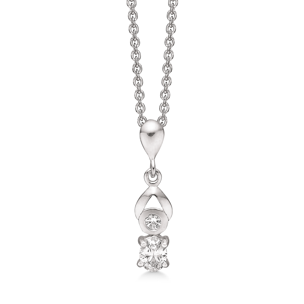 Sølv halskæde rhodineret rund i glat fatning og oval i syntetisk cubic zirconia.  Kæden er rhodineret sølv i længde 42-45 cm.